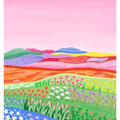 Ilustração de campo florido com colinas e céu rosa