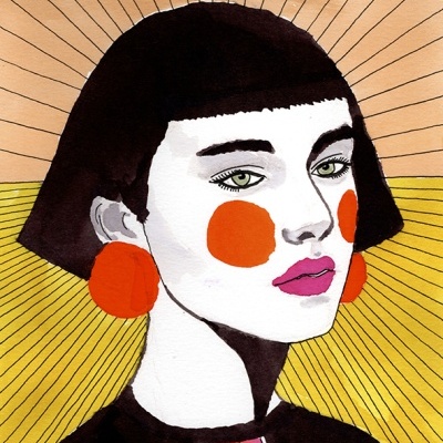 Ilustração de mulher com cabelo preto curto e brincos laranjas em fundo com linhas radiantes