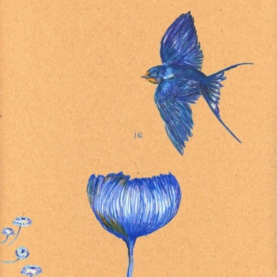 Desenho artístico de pássaro azul a voar, flor azul e cogumelos azuis em fundo castanho.