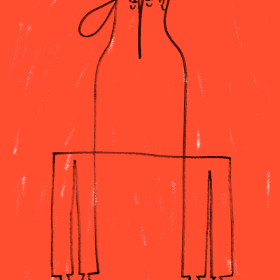 Ilustração minimalista com fundo vermelho e contornos pretos de dois personagens ligados