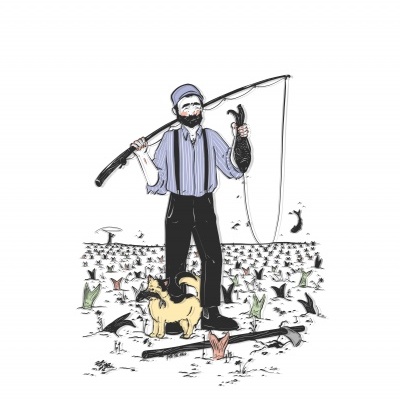 Homem com vara de pescar e um peixe, com cão amarelo num campo florido