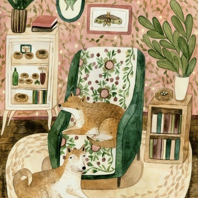 Sala ilustrada com poltrona verde, raposas, plantas, estante e quadros decorativos