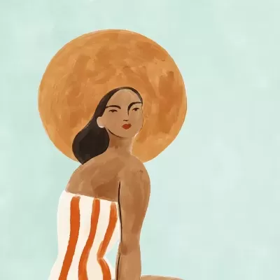 Ilustração de mulher com vestido listrado, círculo laranja e fundo azul claro