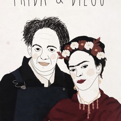 Desenho estilizado de Frida e Diego com texto 'FRIDA & DIEGO'