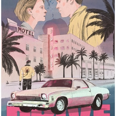 Ilustração vintage com carro branco, motel, palmeiras e duas pessoas a olhar-se