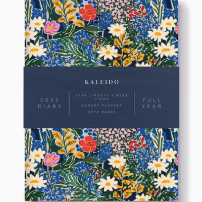 Agenda 2025 capa florada colorida com faixa azul e texto branco