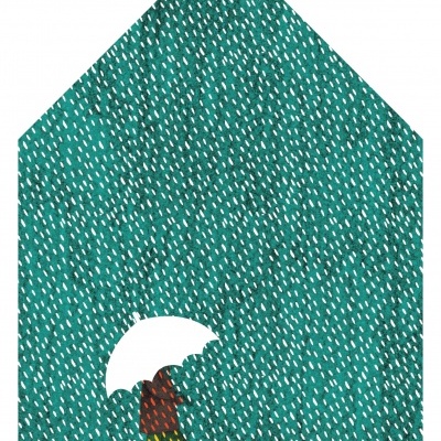 Ilustração de uma pessoa com guarda-chuva branco sob chuva num fundo verde com padrão branco.