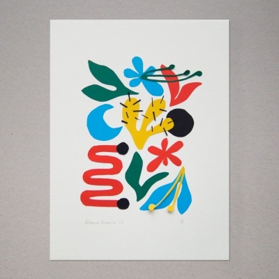 Ilustração colorida abstrata em papel branco sobre superfície cinzenta