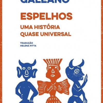 Capa de livro 'Espelhos' de Eduardo Galeano com figuras estilizadas coloridas