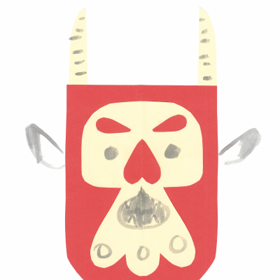 Máscara vermelha e creme com desenho de rosto e hastes amarelas e cinzentas