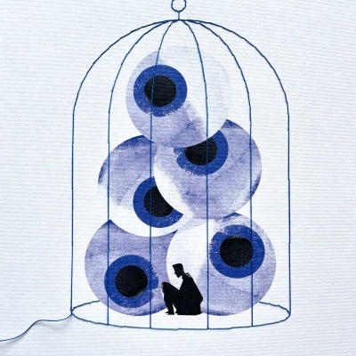 Ilustração de gaiola azul com olhos grandes e pessoa sentada dentro