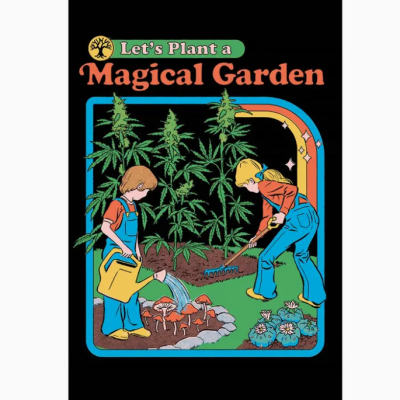 Ilustração colorida de duas crianças a cuidar de plantas com texto 'Let's Plant a Magical Garden'
