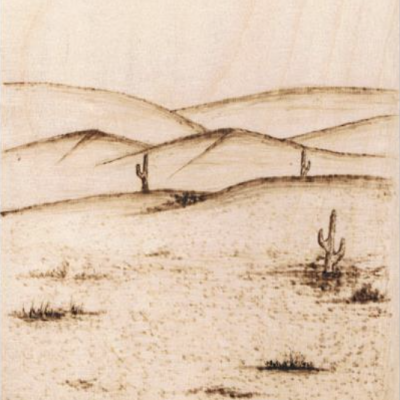 Gravura em madeira de paisagem desértica com cactos e colinas