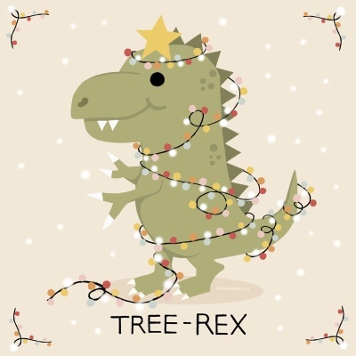 Ilustração de dinossauro verde com luzes de Natal e estrela, texto TREE-REX