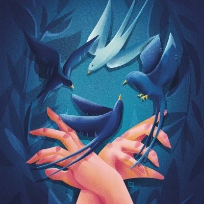 Ilustração de mãos cruzadas com quatro aves voando ao redor, fundo azul com folhas abstratas