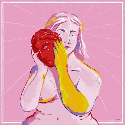 Ilustração de figura feminina segurando máscara vermelha junto ao rosto, em fundo rosa