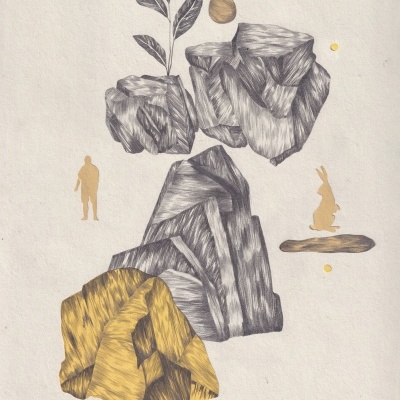 Desenho artístico com pedras cinza e amarelas, folhas e figuras douradas de pessoa e coelho em fundo branco