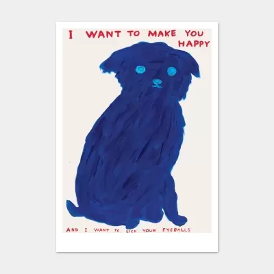 Póster com desenho de cão azul e texto em vermelho sobre fundo creme