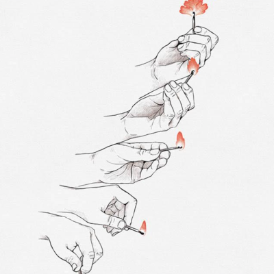 Desenho de mãos segurando fósforos com chamas vermelhas em fundo branco