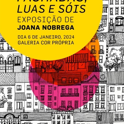 Cartaz colorido para exposição de arte com desenhos de fachadas de edifícios e texto sobreposto