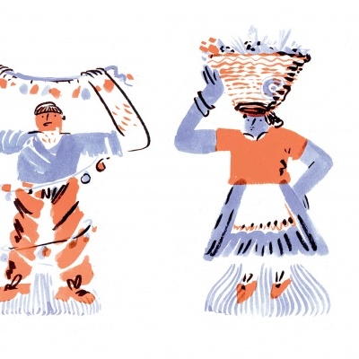 Quatro personagens ilustrados com roupas tradicionais e cestos, um lendo um livro.