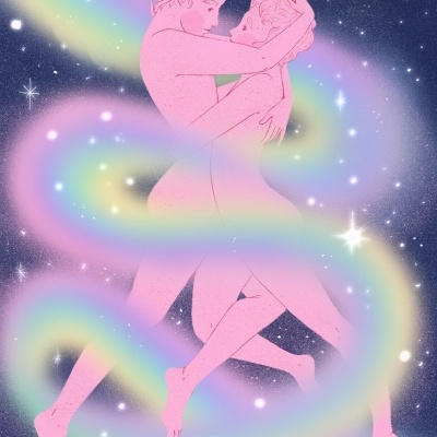 Ilustração digital de casal nu em tons rosa com faixas de luz pastel e fundo estrelado