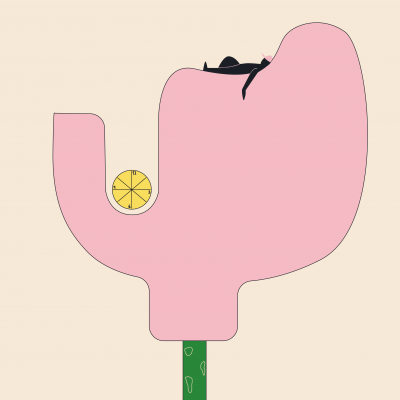 Candeeiro de mesa em formato de cacto rosa com suporte verde e detalhe de limão.