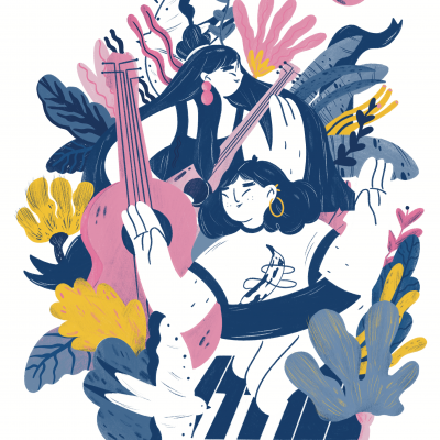 Ilustração colorida de duas mulheres com violão rosa e folhas abstratas coloridas