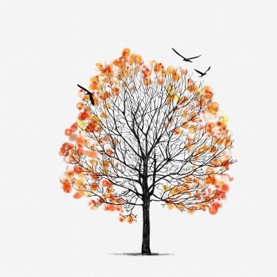 Ilustração minimalista de árvore com folhas coloridas e pássaros