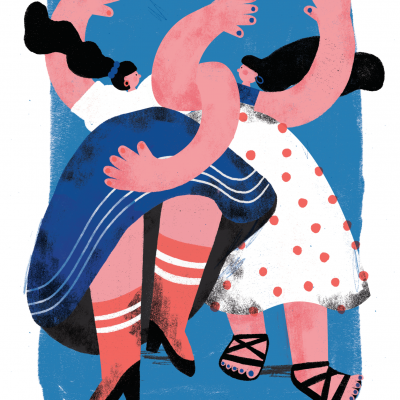 Ilustração de duas mulheres com roupas coloridas a dançar num fundo azul