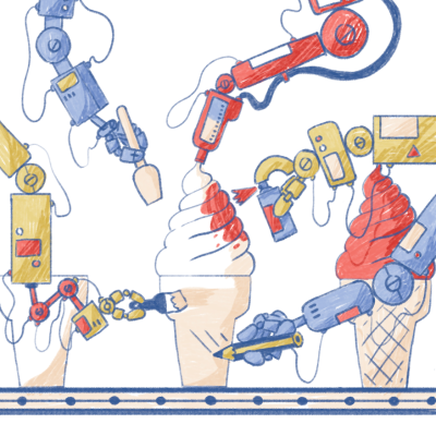 Braços robóticos fazendo gelados de casquinha numa linha de produção