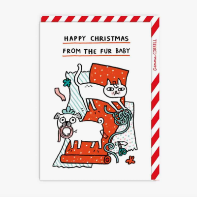 Postal de Natal ilustrado com cão e gato em tecidos coloridos e texto de boas festas