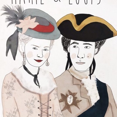 Ilustração vintage de mulher e homem com roupas históricas etiquetadas como MARIE & LOUIS