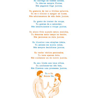 Texto multicolorido com ilustração simples de homem e mulher nus numa imagem vertical