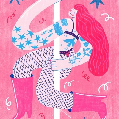 Ilustração de uma mulher com botas rosa e cabelo vermelho comprido num fundo rosa com estrelas azuis