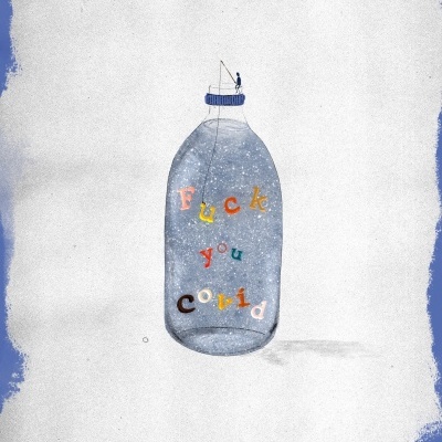 Design gráfico de garrafa transparente com frase colorida contra a covid em fundo branco e bordas azuis.