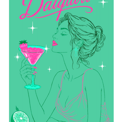 Ilustração de mulher com cocktail Daiquiri cor-de-rosa e frutas