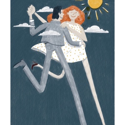 Ilustração de casal a dançar com sol e nuvens no céu