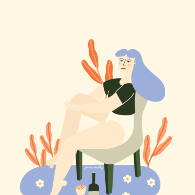 Ilustração de mulher sentada numa cadeira rodeada por plantas, com garrafa e copo à frente
