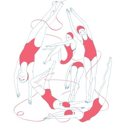 Ilustração de mulheres em maiôs vermelhos a mergulhar e nadar sincronizadas