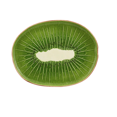 Prato oval em cerâmica com padrão de quivi cortado verde e branco