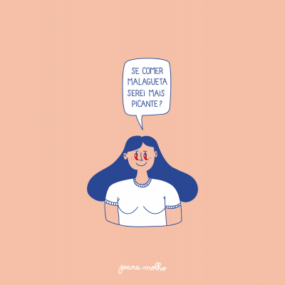 Ilustração de mulher com cabelo azul e camisa branca com balão de fala em fundo pêssego