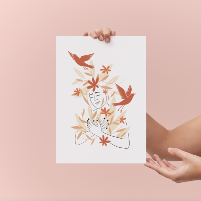 Cartaz com ilustração minimalista de figura humana com flores e pássaros