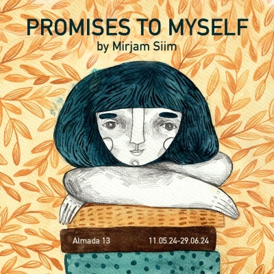 Ilustração de pessoa com cabelo azul escuro sobre almofadas em fundo de folhas laranja com texto da exposição.