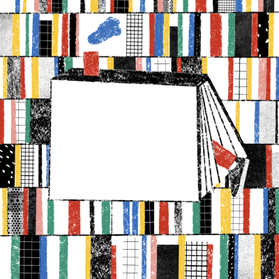 Padrão colorido com blocos de listras e grades e retângulo branco central com roupa colorida