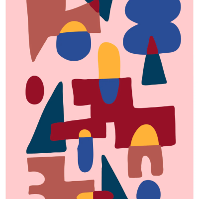Ilustração abstrata com formas geométricas coloridas em fundo rosa