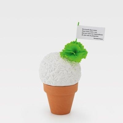 Vaso castanho com peça branca florada e flor verde com cartão em francês