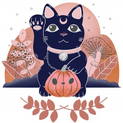 Ilustração de um gato preto com abóbora e cogumelos ao fundo