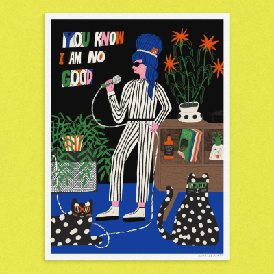 Ilustração de pessoa com fato riscado branco e preto com microfone e duas caixas pretas com manchas e plantas