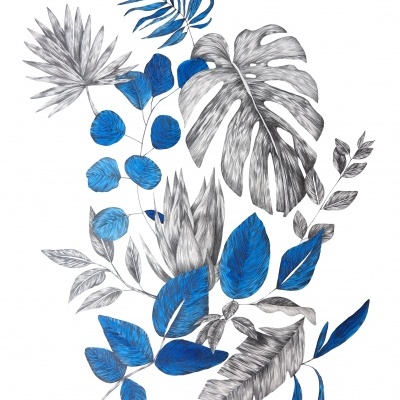 Ilustração de folhas tropicais cinza e azuis sobre fundo branco